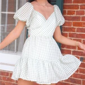 Elegant Green Gingham Puff Sleeve Dress L
